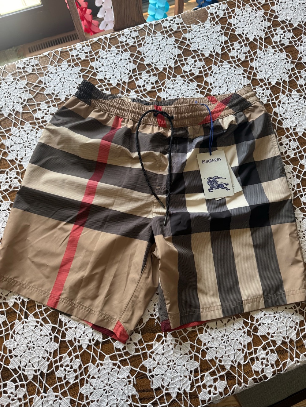 Burberry Men's Beige Check Swim Trunks with Red Stripe